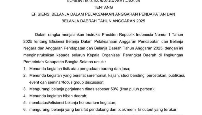 Bupati Bangka Selatan Instruksikan OPD Tunda Kegiatan Fisik hingga Pangkas Perjalanan Dinas 50%