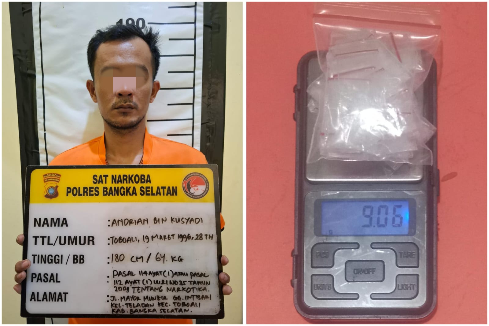 Polisi Tangkap Pengedar Narkoba di Toboali, Sita 9,06 Gram Sabu