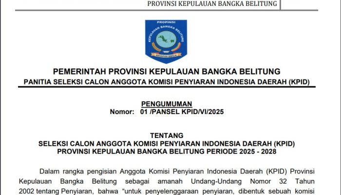 Pemprov Babel Buka Seleksi KPID 2025-2028, Ini Syaratnya