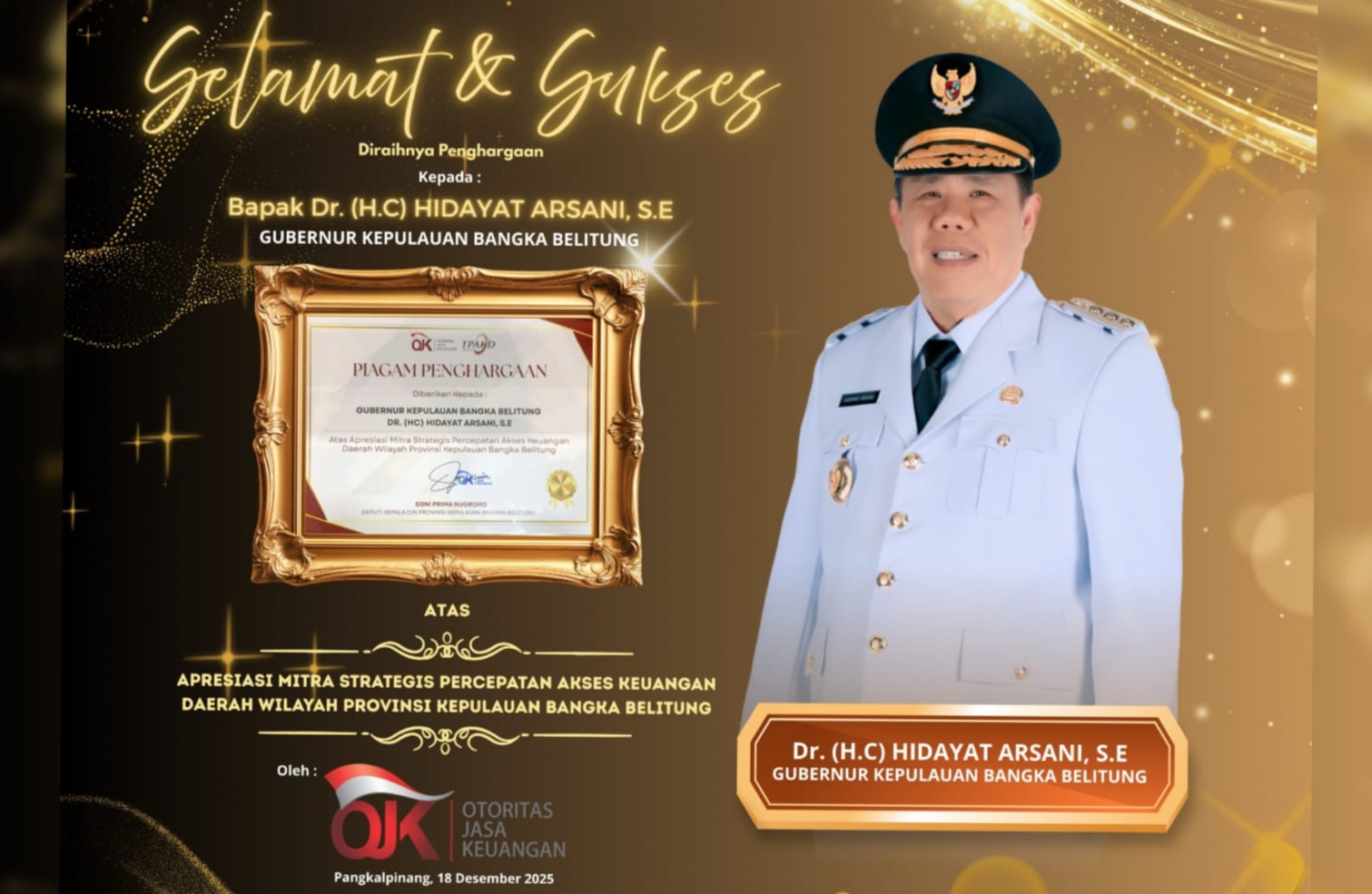 Dukung Percepatan Akses Keuangan Daerah, Gubernur Babel Hidayat Arsani Terima Apresiasi OJK