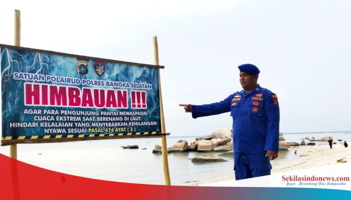 Cegah Insiden Saat Libur Lebaran, Polairud Basel Ingatkan Pengunjung lewat Spanduk di Pantai Kerasak