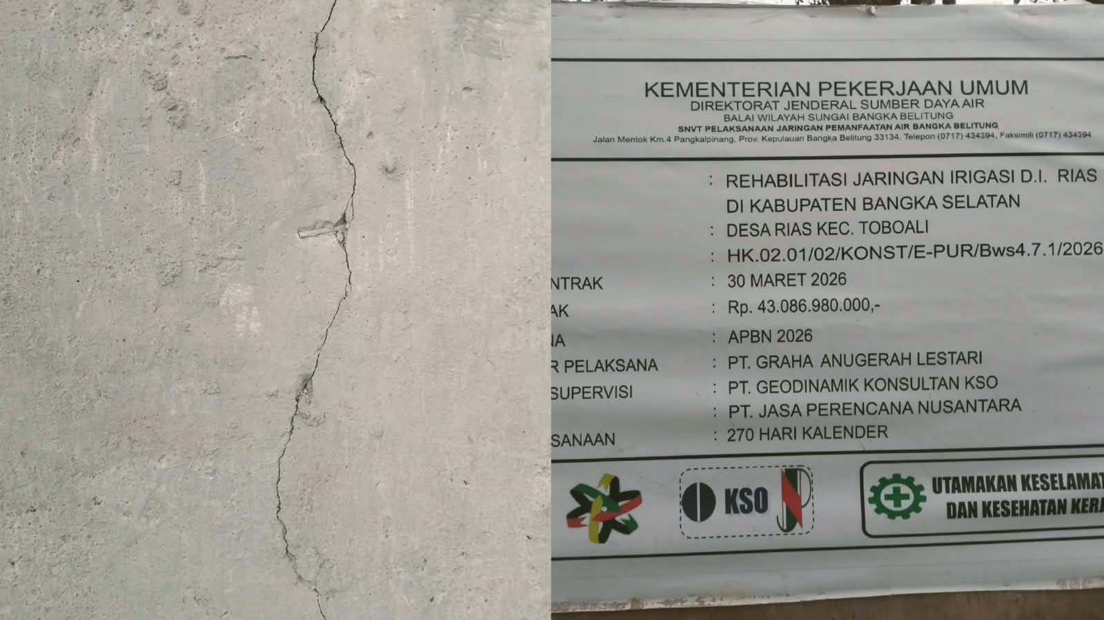 Baru Dibuat Sudah Retak, Kualitas Proyek Irigasi Rp43 Miliar di Desa Rias Dipertanyakan