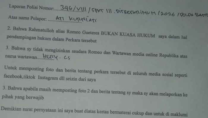 Babak Baru Kasus Dugaan Pelecehan Seksual di Polda Banten: Ati Kurniah Cabut Klaim Romeo sebagai Kuasa Hukum